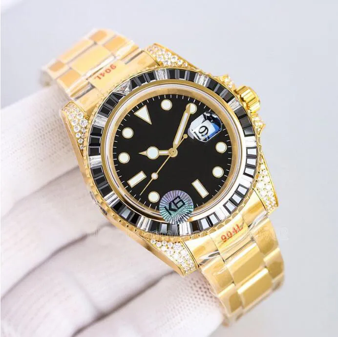 Full Gold Watches Designer Wristwatch Man Watch 41mm Mens Watchs Rainbow Bezel Black Dial 2836 Movement Rostless Steel Waterproof 300ft/100 Meter Classic Style-02