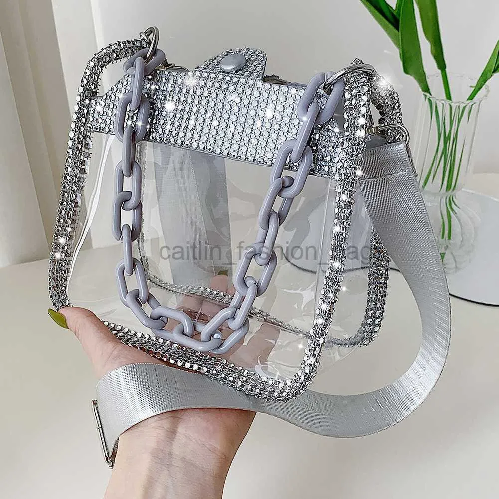 Axelväskor kvinnors strass Pvc transparent handdesignväska ins fashionabla sommar glitter gelé designer tjock kedja axel caitlin_fashion_bags