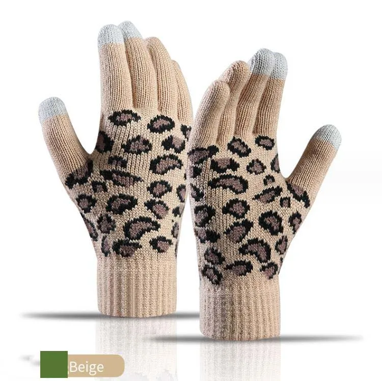 Ski Gloves Women Winter Warm Knit Gloves outdoor Korean version leopard jacquard Warmers touch screen knitted gloves df268