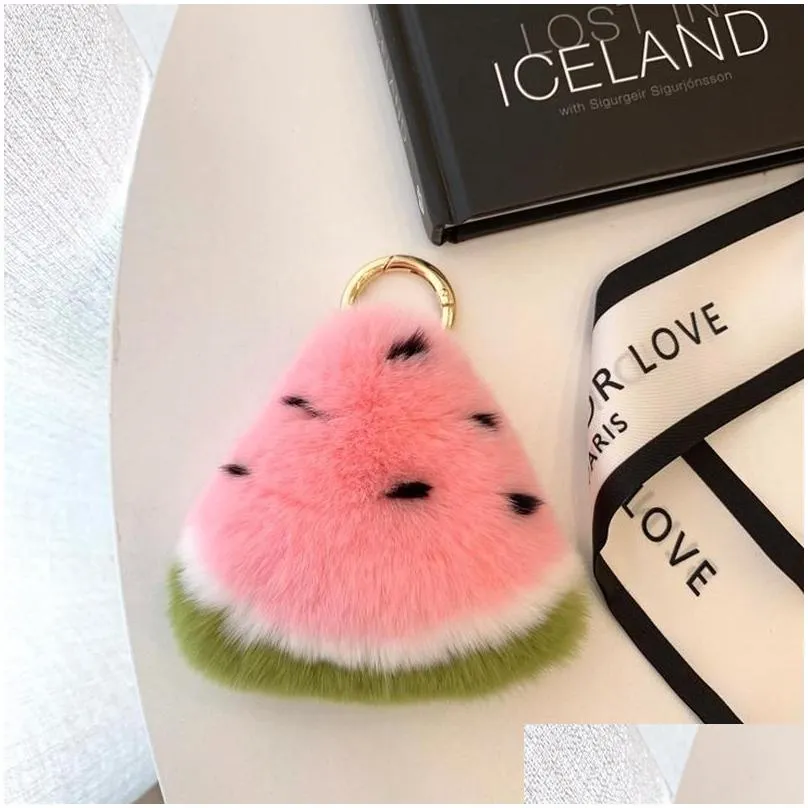 Keychains Fluffy Keyring Female Bag Hang Pendant Key-Chains Car Watermelon Fruit-Bag Real Rex Fur Accessories