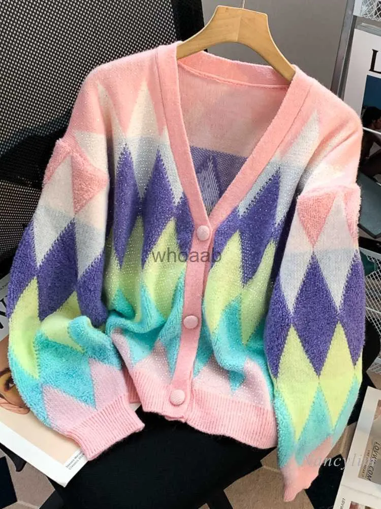 Hit Color entramado cuello en V cárdigan suéter mujer ropa de otoño 2023 nueva moda suéter con diamantes de imitación botones abrigo HKD230829
