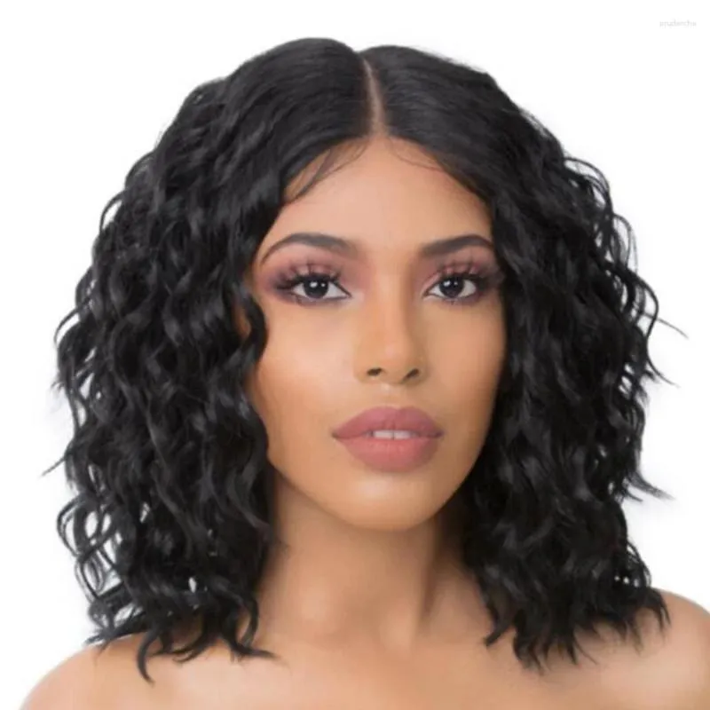 Kort vattenvåg bob peruk brasiliansk remy wavy lockigt mänskligt hår peruker för svarta kvinnor före plockad lyslös 4x4 spetsstängning