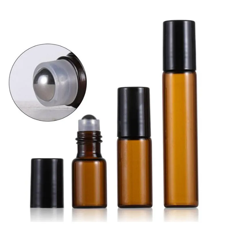 10ml Perfume Roll On Glass Bottle Amber with Metal Ball Roller Essential Oil Vials Drop