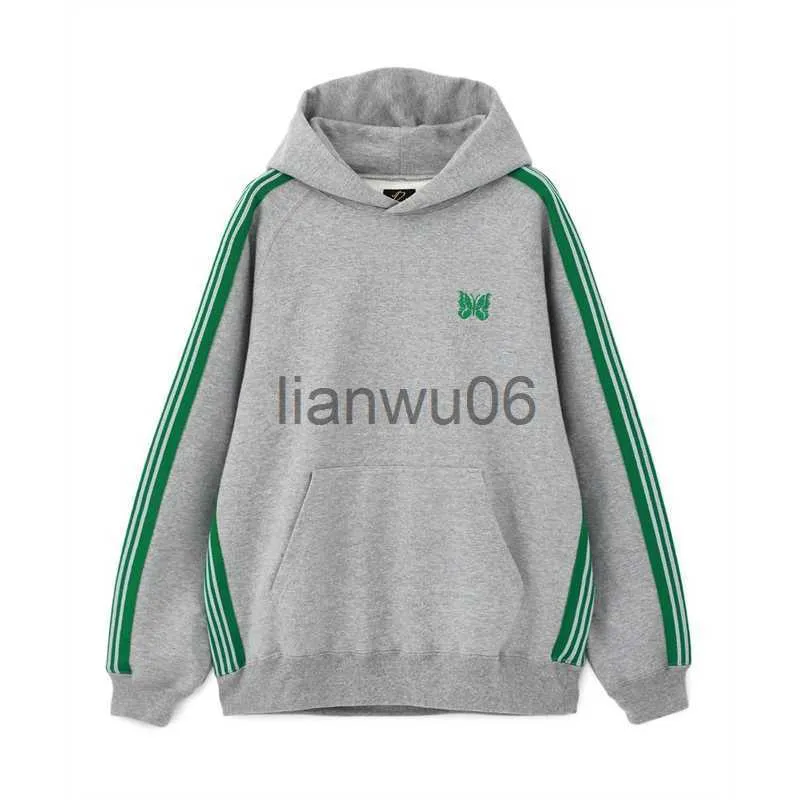 Men's Hoodies Sweatshirts 2023 Grey Green Webbing Needles Hoodie Men Women 11 High Quality Webbing Stripe Embroidery Butterfly Needles Pullover J230829