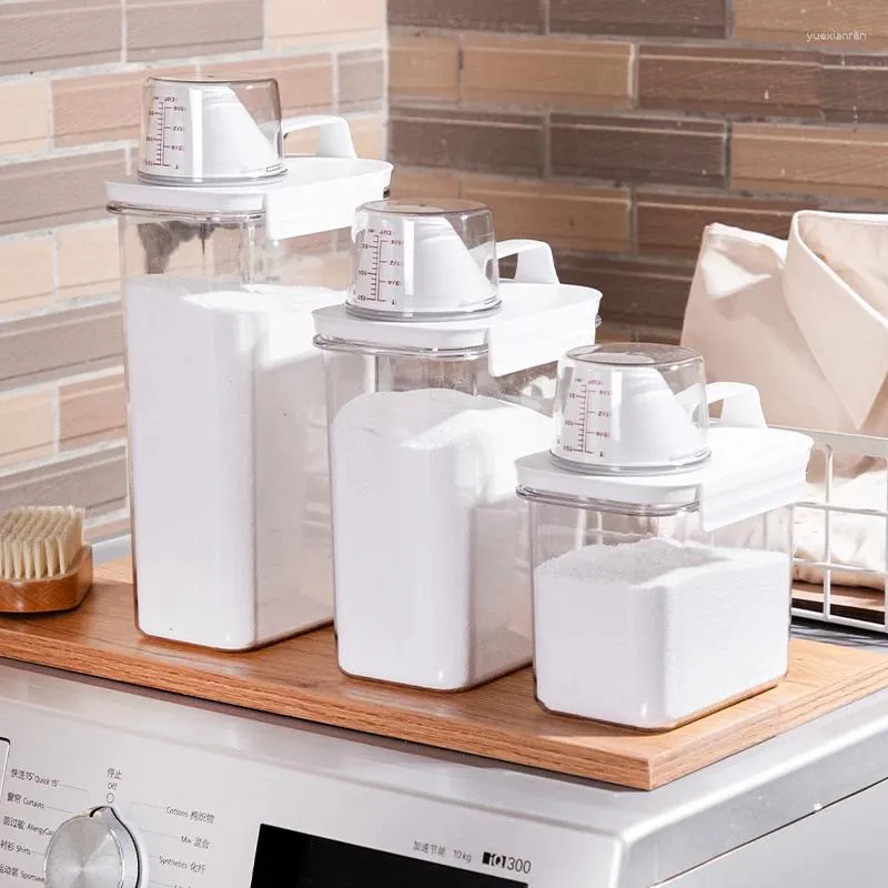 Distributeur de savon liquide, boîte de rangement hermétique pour détergent à lessive en poudre, récipient de lavage transparent avec tasse à mesurer, pot de céréales en plastique