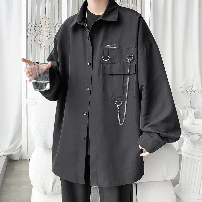 Camicie eleganti da uomo 2023 Hip Hop Streetwear Catena manica lunga Harajuku Tendenza Moda Donna coreana Camicia oversize di grandi dimensioni 5XL 230828