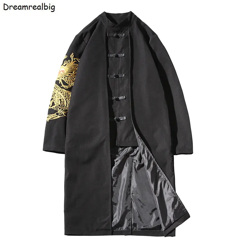 Mens Embroidered Trench Coat - Golden Dragon Design, Stand Collar