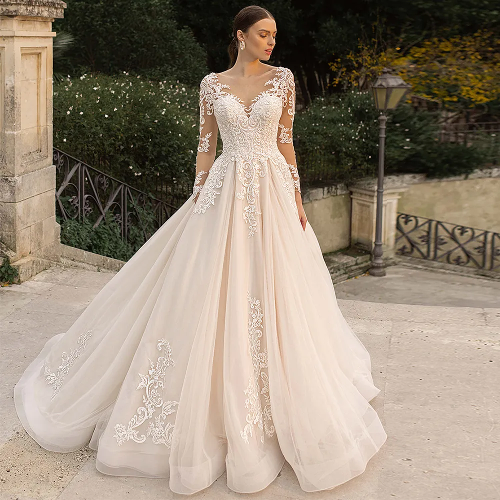 Robes sexy urbaines Boho dentelle robe de mariée en tulle princesse champagne une ligne col en V manches longues appliques illusion dos nu avec bouton robe de mariée 230828