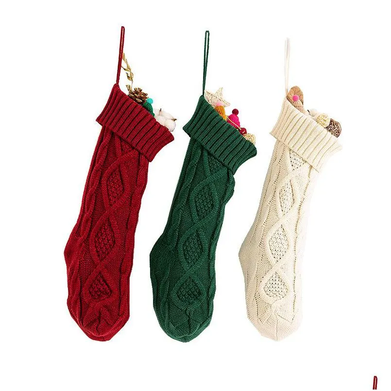 Décorations de Noël Grand Stocking Candy Knit Diamond Laine Sacs-cadeaux Santa Sack pour personnaliser les ornements suspendus Chaussettes Drop Livraison DHW4B