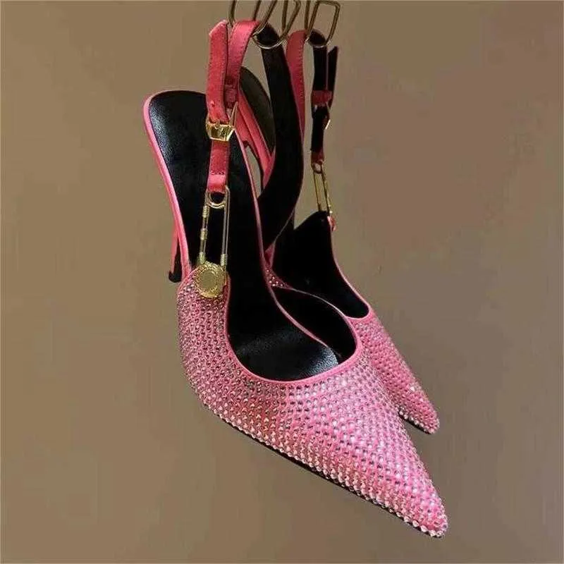 Fashion Full Diamonds Pointy Toe One Word Strap Decoration Metal Buckle Fine Heel Big Size Sandals Designer Women's Shoes 0830