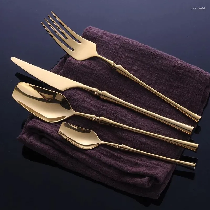 Conjuntos de louça Colher Garfo Conjunto 4 pcs Aço Inoxidável Talheres Dourado Jantar Bife Faca para Jantar Talheres