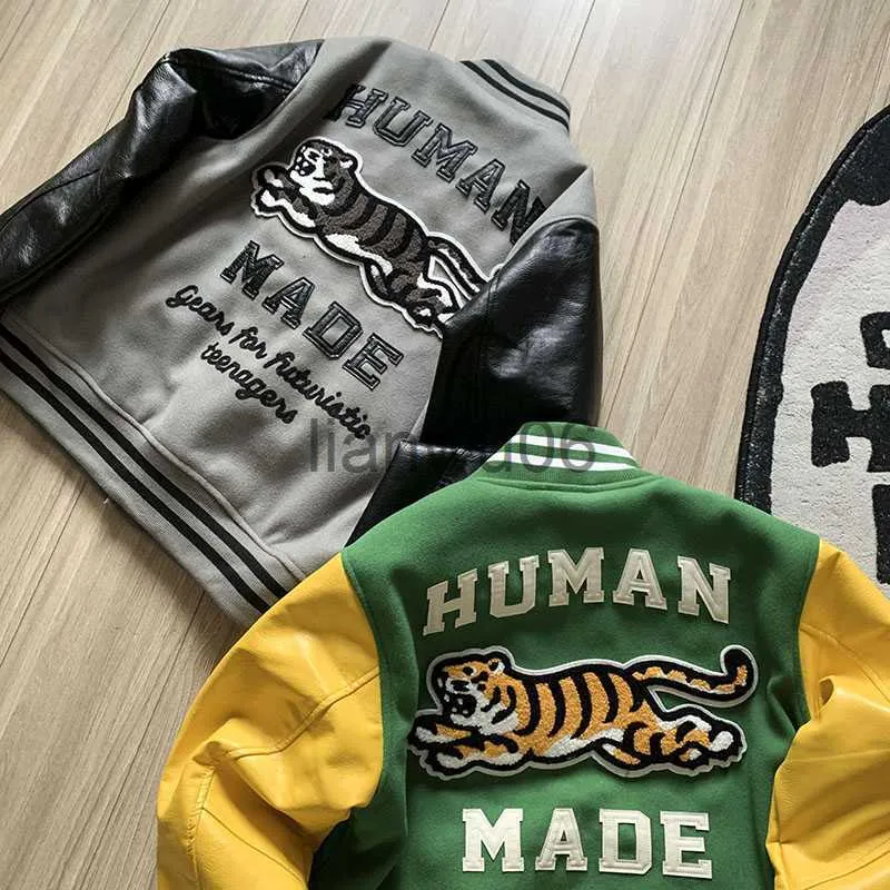 Men's Jackets 2023SS Thick Oversized HUMAN MADE Jackets Men Women Contrast Leather Sleeve Tiger Embroidery Baseball Uniform Jacket J230829