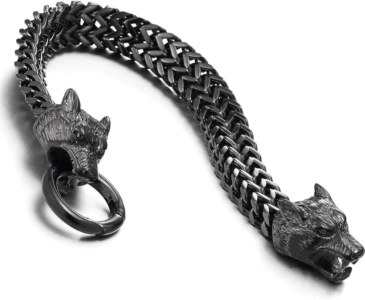 COOLSTEELANDBEYOND Biker Mens Stainless Steel Wolf Head Franco Link Curb Chain Bracelet with Spring Ring Clasp