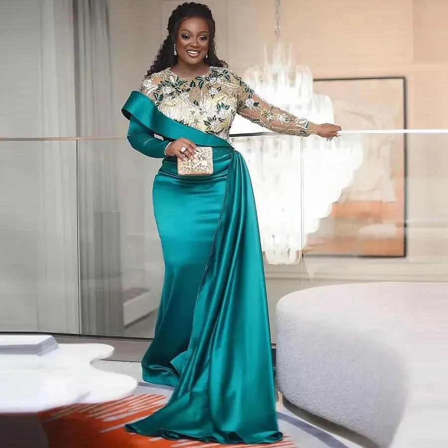 África Verde azulado Tallas grandes Vestidos para madre de la novia Manga larga Pliegues con apliques Vestido de madres de sirena para bodas Vestidos de fiesta formales elegantes