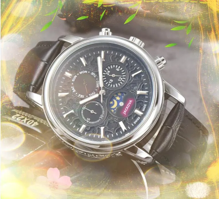 Highend Moon Star Skeleton Dial Stopwatch Watches Men Quartz Chronograph Movement Clock Läderbälte Europeisk populär Full funktionell vågfodral Armband Watch