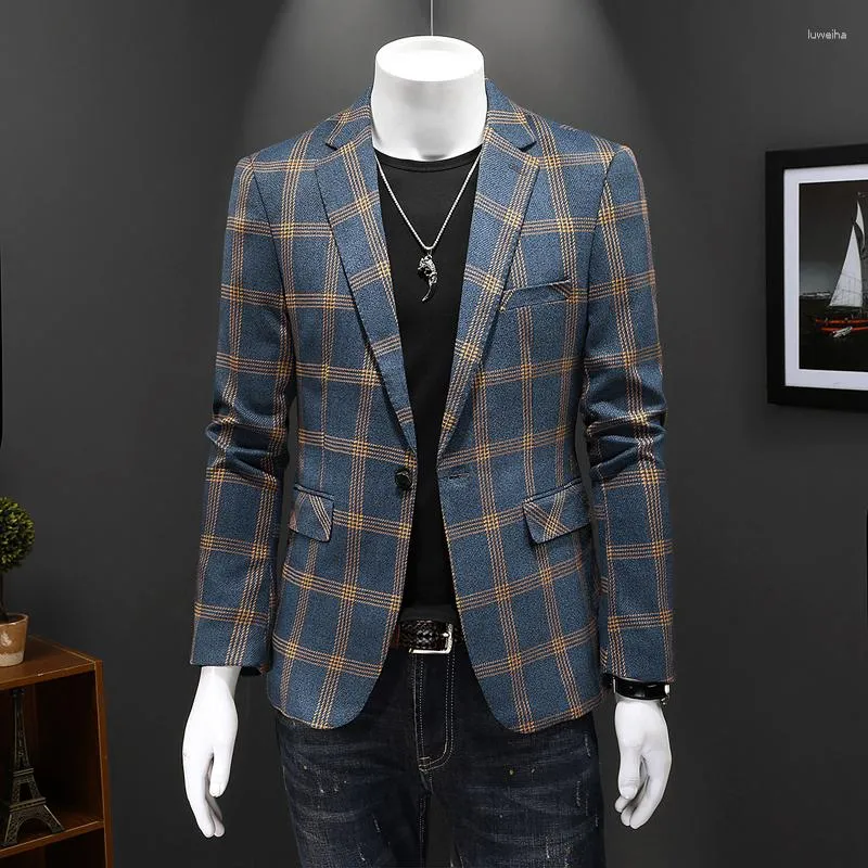 Herenpakken 2023 Lente Herfst Casual Blazers Mannen Bruidegom Elegante Jurk Jasje Top Kwaliteit Business Slim Fit Heren Plaid blazer 5XL