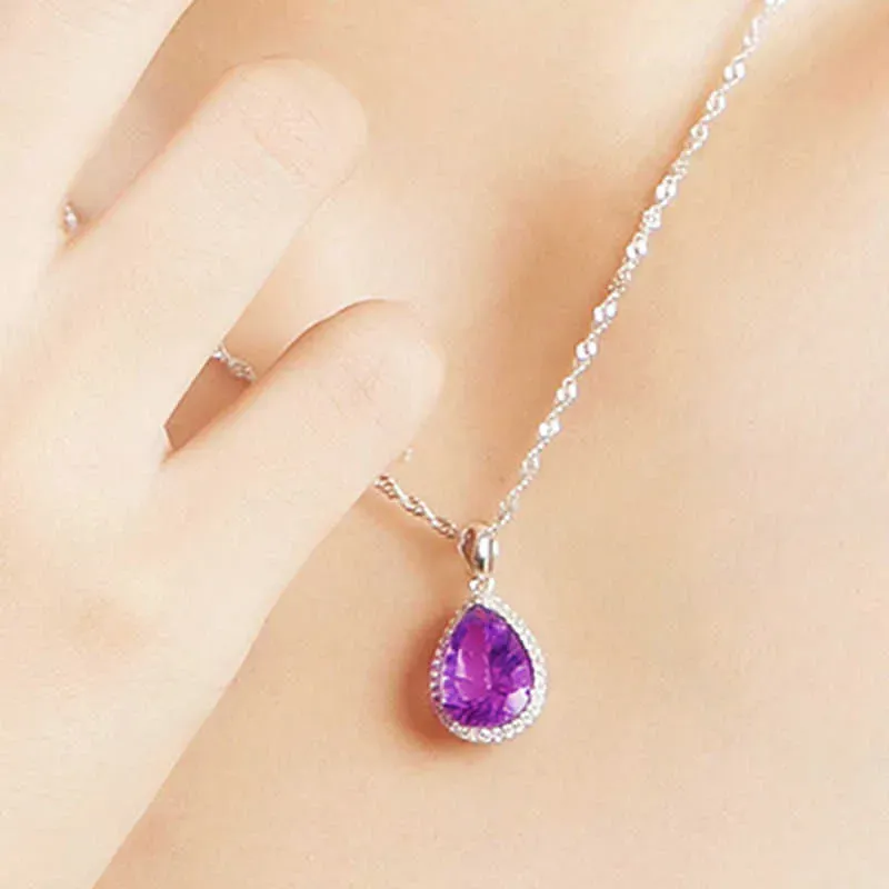 Crystal Womens Necklaces Pendant drop Natural Amethyst angel&#039;s tears Purple Diamond women&#039;s short clavicle chain gold silver plated