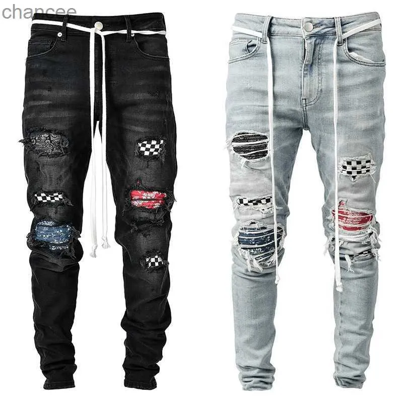 High Street Men's Skinny Slim Fit Scratched Ripped Holes Pencil Pants Fashion Plaid Printed Male Jeans Denim Trousers S-3XL HKD230829