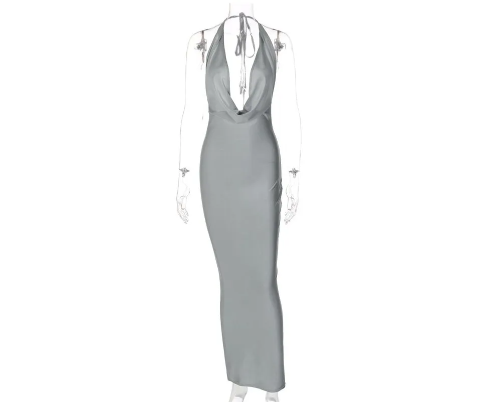 Satin Halter Maxi Dress, V Neck | DHgate Satin Halter Maxi Dress, V Neck | DHgate