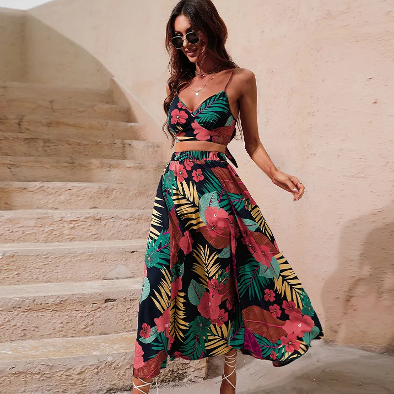 Save Big on Bulk Two Piece Dress Boho Sexy Two Piece Outfits: Floral Print  Crop Top And Midi Skirt Set Summer Beach Style Two Piece Maxi Skirt Set For 