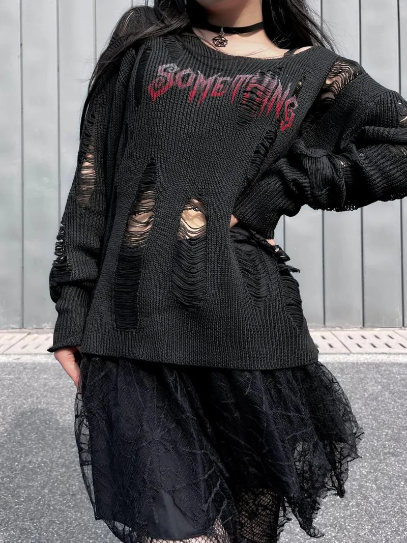 Chandails pour femmes Ruibbit Harajuku Gothic Hole Broderie Manches longues Femmes Punk Style O-Cou Lâche Vintage Off Black Pulls tricotés Y2K