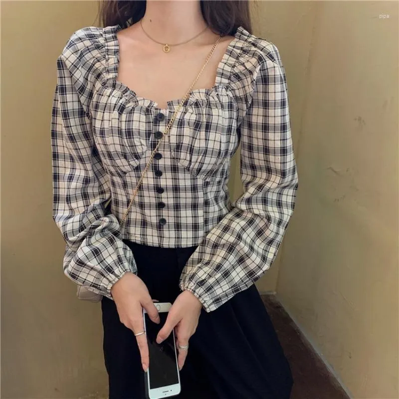 Polos femininos outono roupas estilo coreano retro tamanho grande meninas gordas emagrecimento gola quadrada xadrez topo suave curto temperamental s