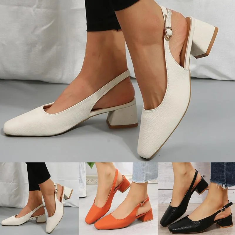 Модные весенне-летние сандалии женские на массивном каблуке, средний квадратный носок, однотонные повседневные удобные сандалии с пряжкой 93965