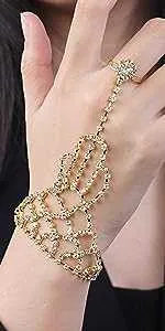 gold bling hand chain rhinestone jewelry crystal finger ring link bracelet wedding party cosume 