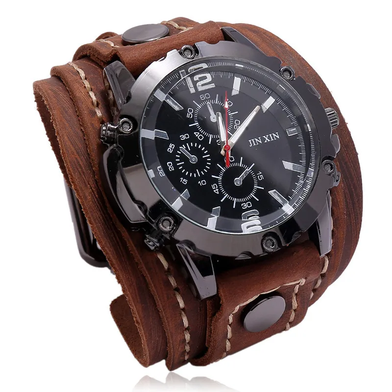 Wristwatches Mens Quartz Watches Jessingshow Luxury Wristwatch Cowhide Watchband Punk Style Watch for Men Wide Genuine Leather Bracelets 230828
