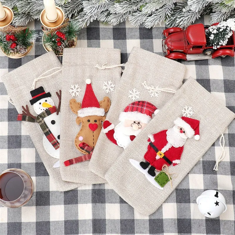 Christmas Wine Gift Bags Burlap Drawstring Wine Bottle Bags with Rope for Xmas Gift Holiday Parties