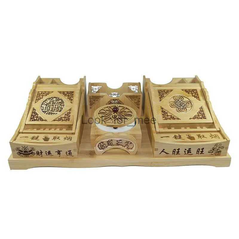 Kinesiska kulturella mönster utsökta bambu pop-up cigarettlagringslåda Automatisk vanlig 84mm cigarettfodral keramisk askfat HKD230828