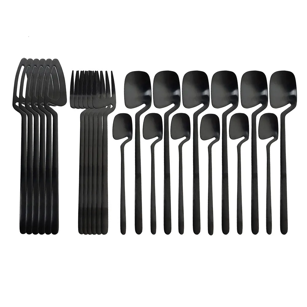 Conjuntos de louça 24 pcs preto talheres conjunto colher garfo faca talheres cozinha decoração sorvete sobremesas sopa café uso 230828