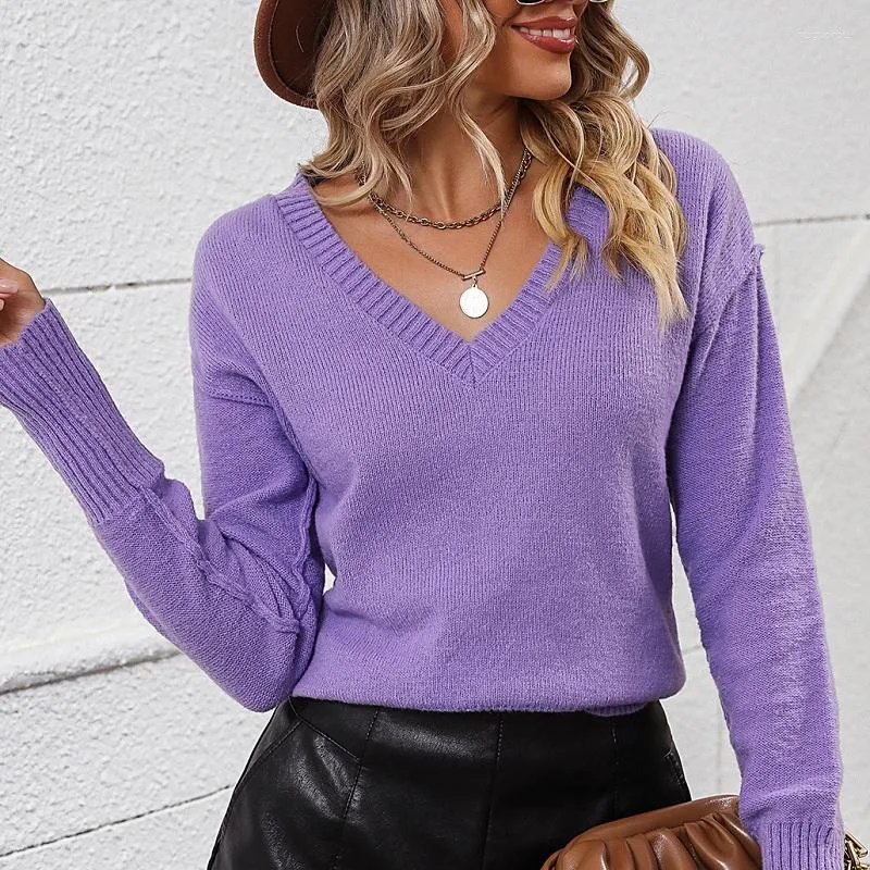 Women's Sweaters YEMOGGY Knitted Sweater Pullover For Winter 2023 V-neck Long Sleeve Solid Loose Women