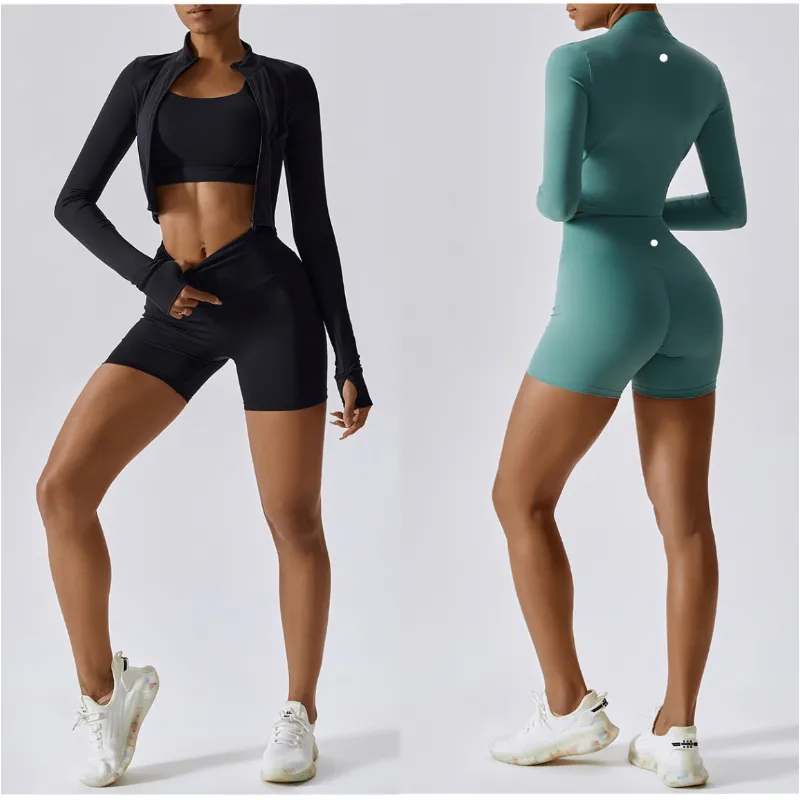 LL Marque Femmes Yoga Tenues Trois Pièces Gilet + Shorts + Vestes Costumes Exercice Près Du Corps Fitness Porter Courir Élastique Adulte Chemise Vêtements D'entraînement Élastique