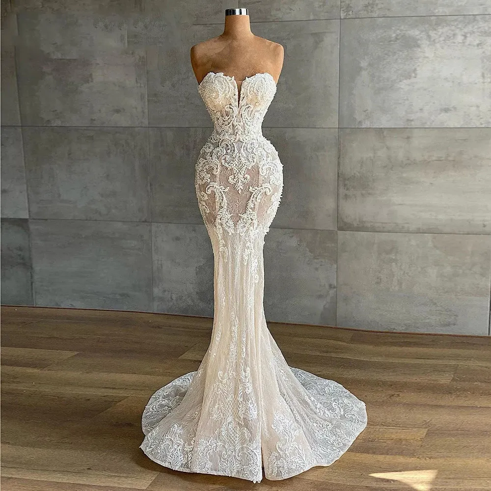 Custom-made strapless lace mermaid dress with Appliques, Sequins, and Sweetheart Neckline