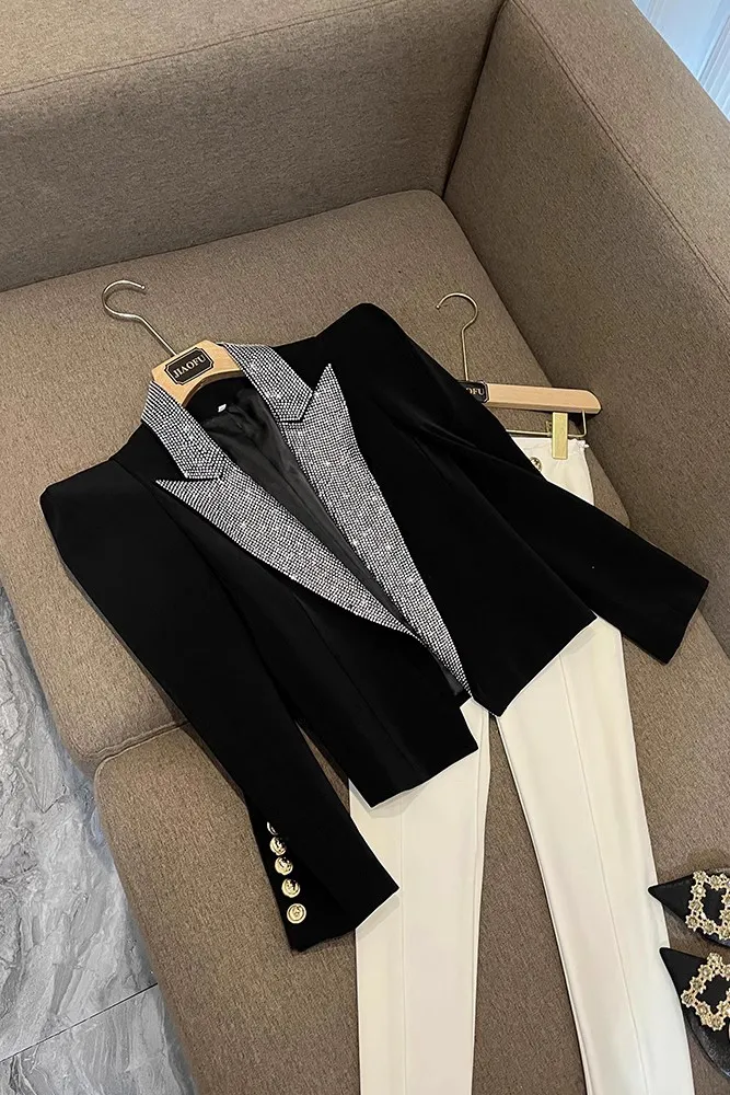 Spring Autumn Black Solid Color Hot Drilling Blazers Long Sleeve Notched-Lapel Classic Outwear Coats O3G142160