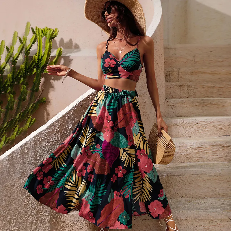 tropical floral skirt crop top set