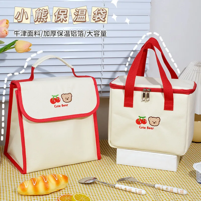 Lunch Bags Cute Bear Bag Girls Insulated Canvas Cooler Handbag Aluminium Foil Thermal Food Box Family School Picnic Dinner Container 230828