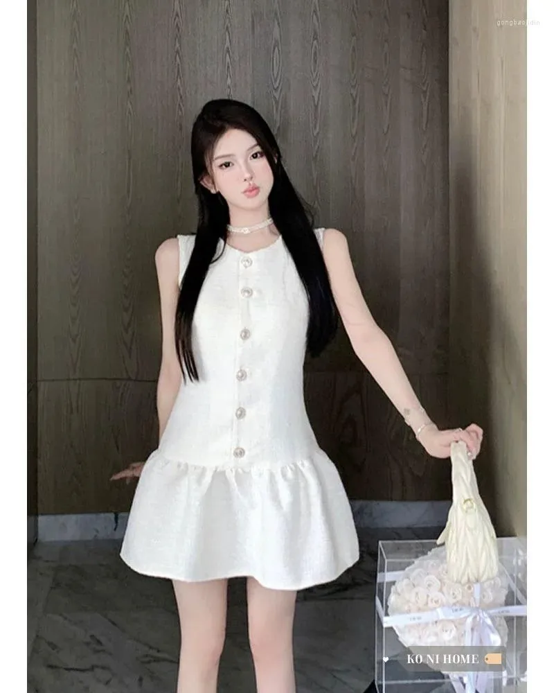 Casual Summer Dress: Women's Sleeveless A-Line Short Evening Dress with  Button Patchwork and Ruffle Edge - Slim Fit, Slight Stretch, Elegant from  Dhgate Basic & Casual Dresses - price 38.34