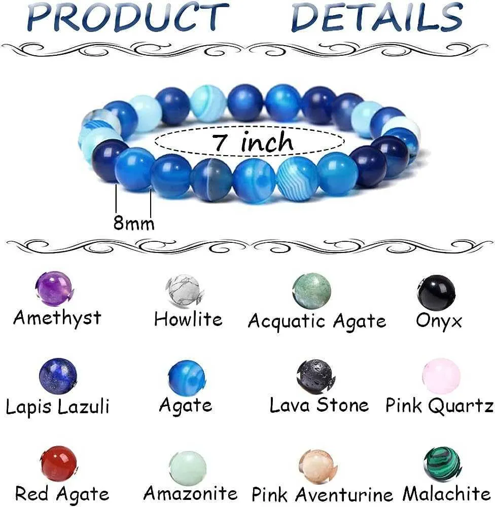 12pcs 8mm Semi-precious Gemstone Bracelet Healing Crystal Stone Beaded  Bracelets For Women Men Unisex Adjustable Bead Stretch Bracelets Set