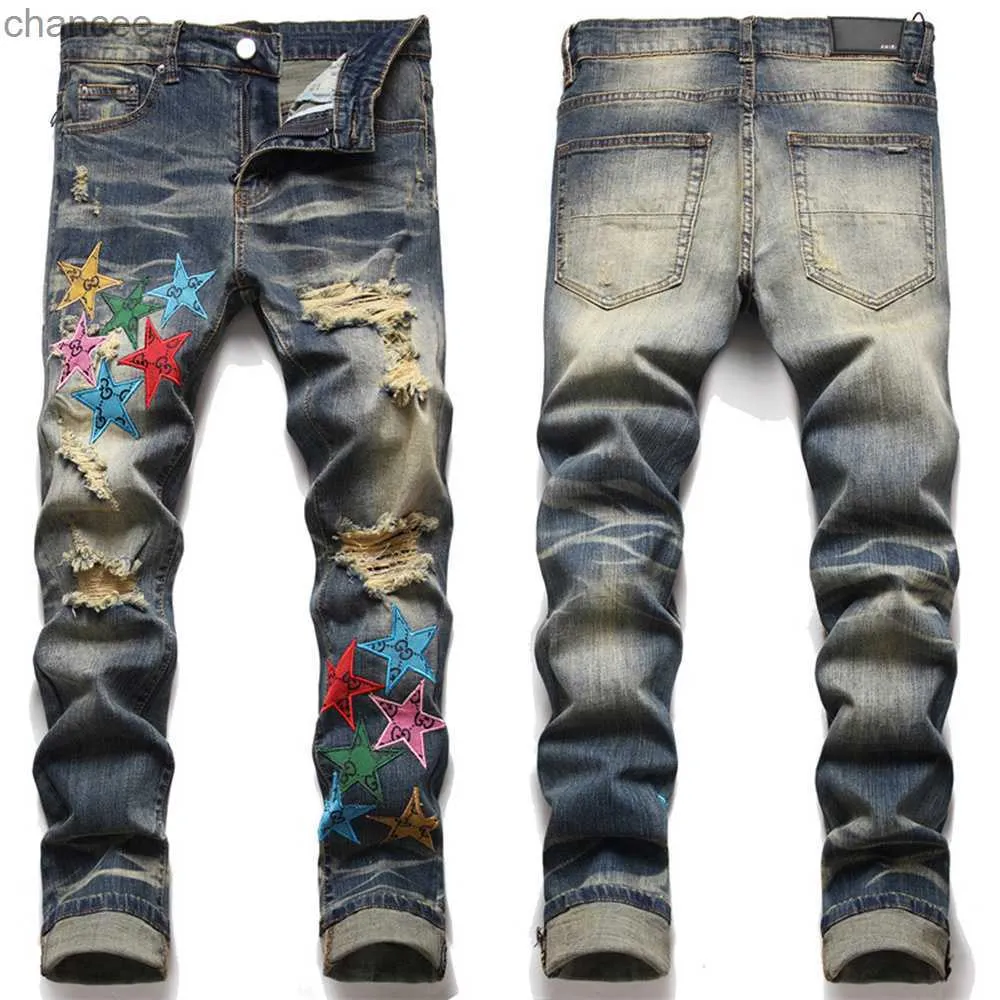 2023 Europejski trend Jean Letter Star Men Haftwork Patchwork Ripped S Brand Motorcycle Pant Mens Skinny S HKD230829