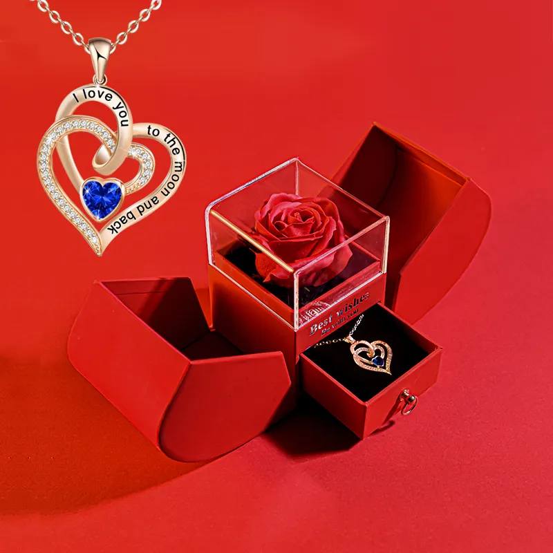 Couronnes de fleurs décoratives Coffret cadeau rose éternelle / avec collier coeur pour femme Je t'aime jusqu'à la lune et au dos Cadeaux de mariage d'anniversaire pour maman petite amie femme 230828