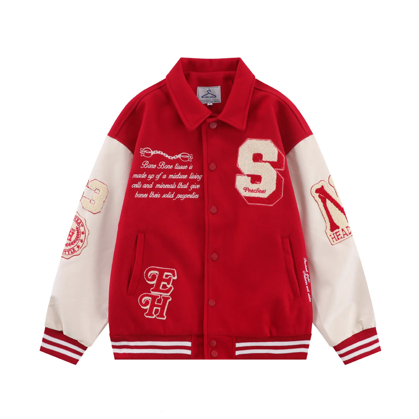 Mens Jackets Vintage Baseball Varsity Jacket Men Women Flocked Embroidery Letter Bone Patchwork PU Leather Red Oversize Coat Autumn 230829