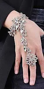 silver flower crysatl rhinestone bracelet link finger ring 