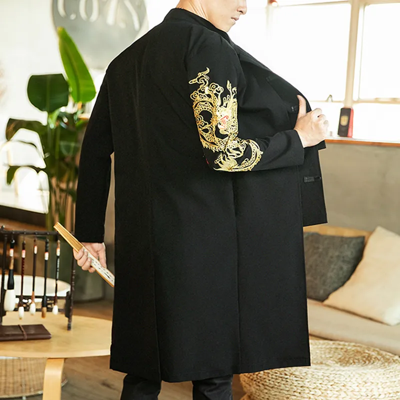 Men's Long Trench Coat with Golden Dragon Embroidery Stand Collar