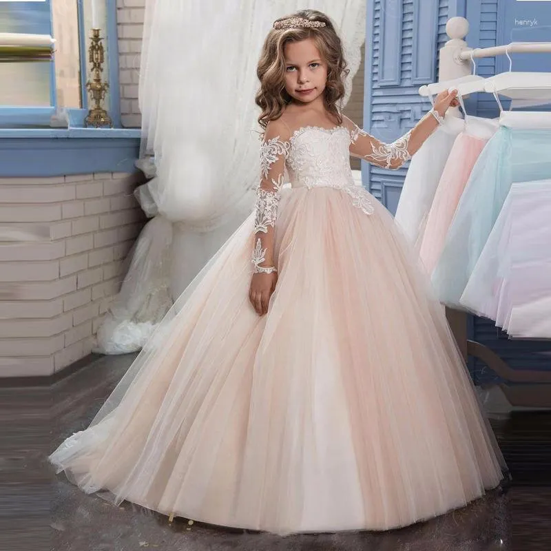 Kız Elbiseler Uzun Kollu Yumuşak Tül Tren Moda Kız Kostüm Çocuklar Akşam Partisi Sevimli Prenses Elbise Küçük Gelin Elbise Tutu