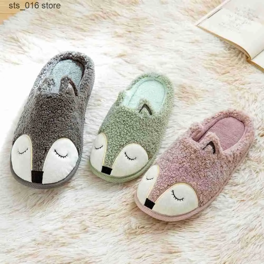 Tofflor Winter House Women Fur Slippers Soft Memory Foam Sole Cutoon Cartoon Fox Bear Bedroom Ladies Fluffy Slippers Couples Plush Shoes T230828