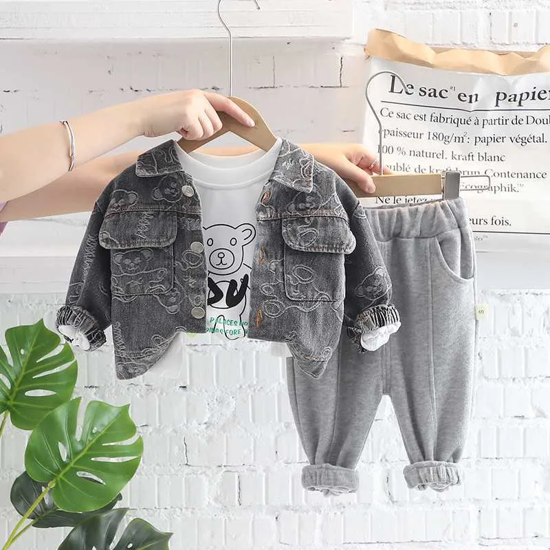 Children Autumn 2022 Spring Boys 3PCS Clothing Set Bear Denim Jacket Cotton Sweatshirts Casual Pants Baby Boys Clothes Suit