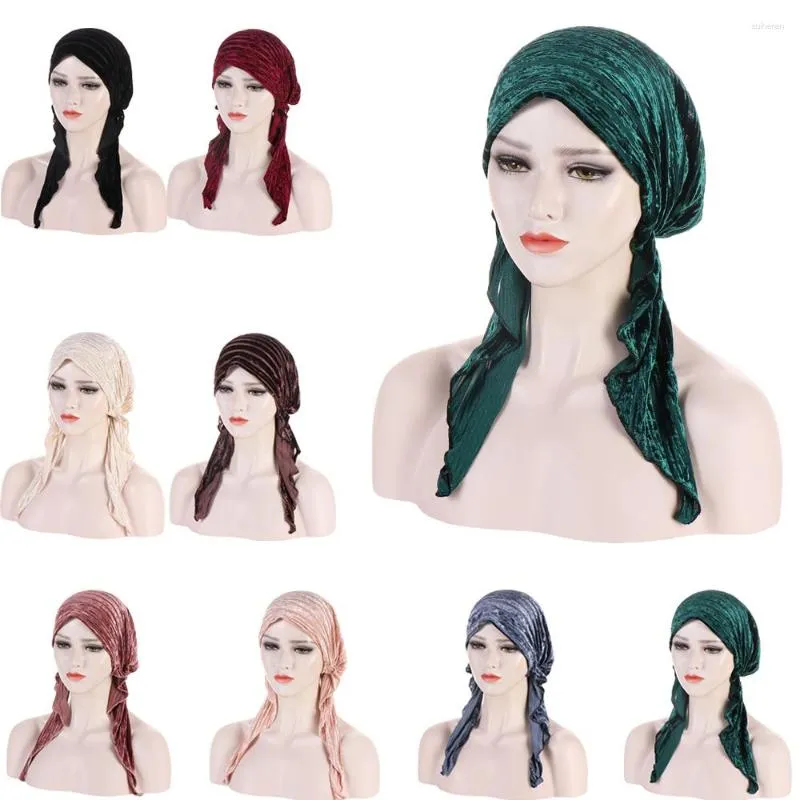 Ethnic Clothing Velvet Pre-Tied Hat Women Muslim Hijab Turban Stretch Head Scarf Wrap Chemo Cap Bonnet Bandana Hair Loss Covers Headwear