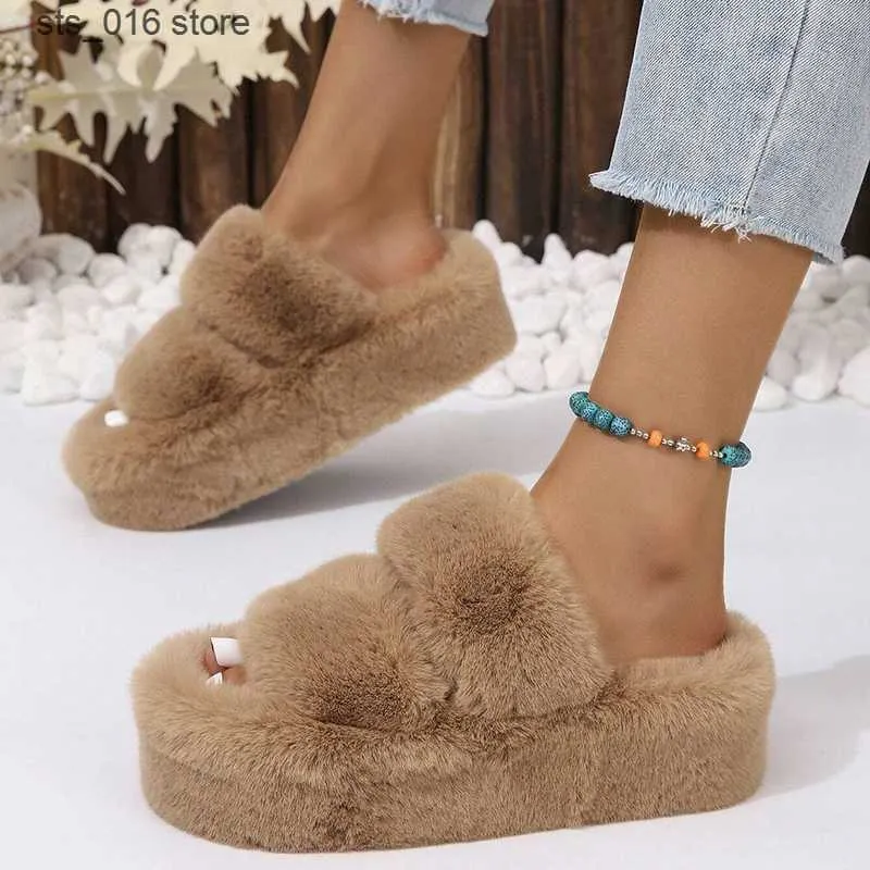 Winter Women Faux 2023 Fur Fully Wrapped Sole Vamp Furry Slippers Black Female Warm Flats Large Size Slides Cozy Home T2 d29a ry